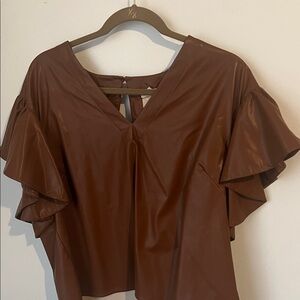 Entro Chic Boho Large Chocolate Brown V-Neck Blouse with Ruffle Sleeves